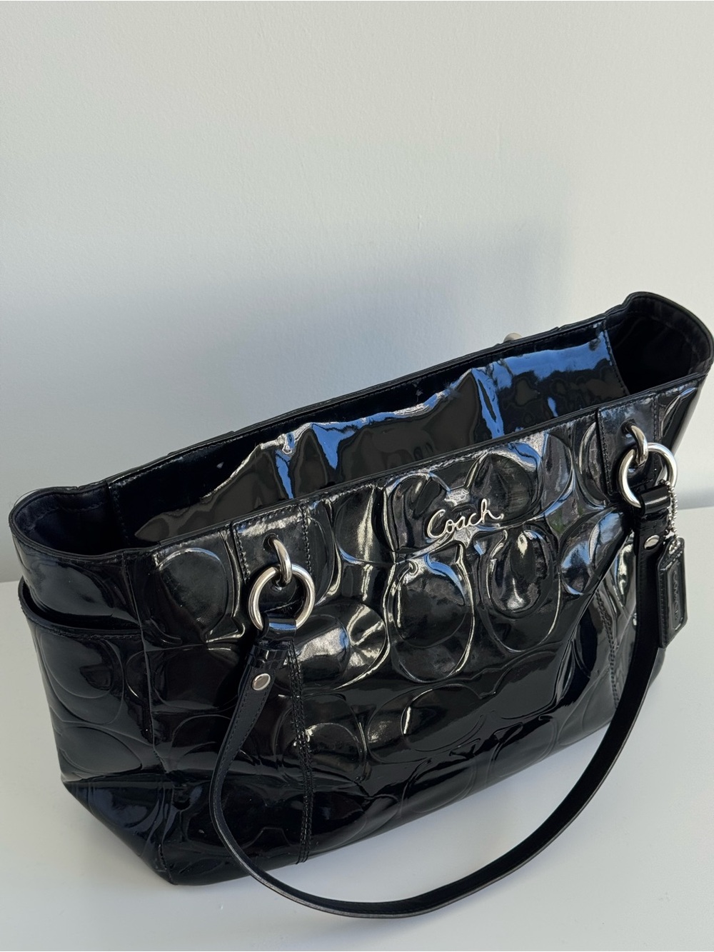 COACH Black Patent Leather Embossed C East West Gallery Large Tote F17729